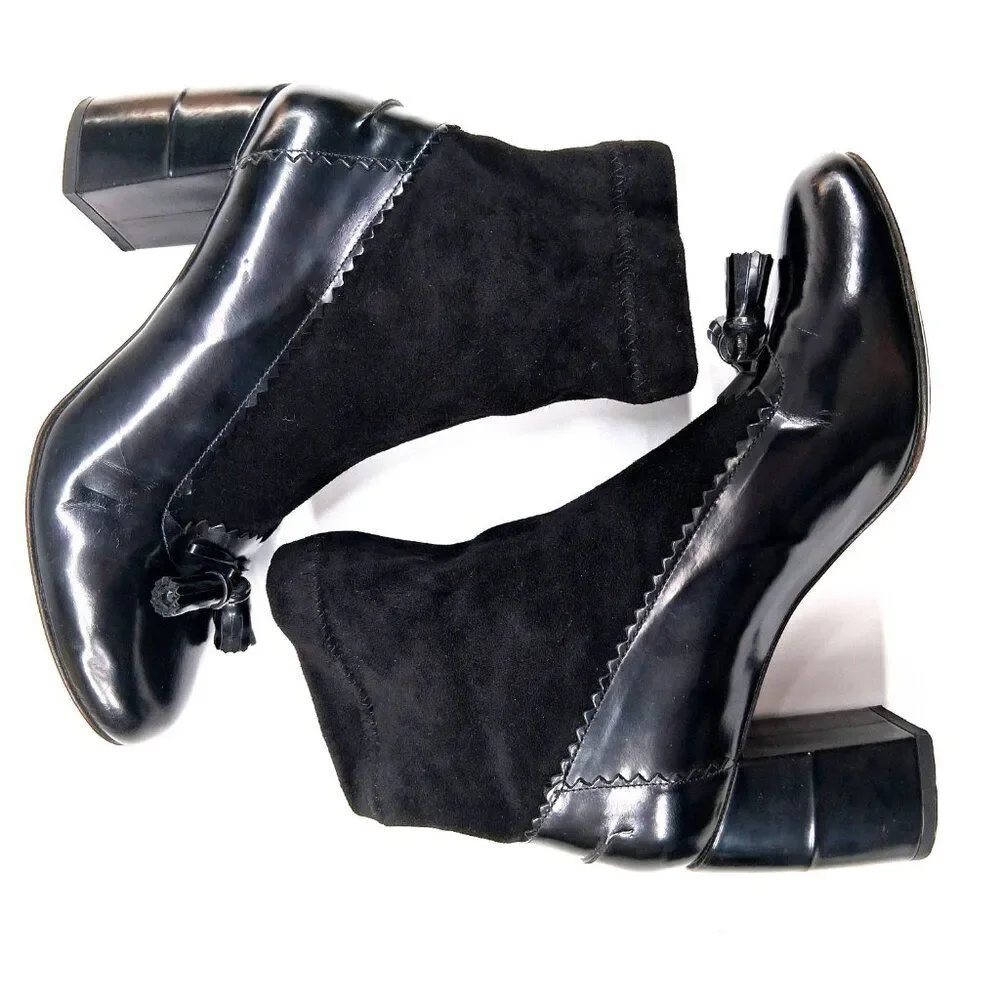 Robert Clergerie Paris Black Leather Sock Boot Heels Tassel Scallop Y2K SZ 7